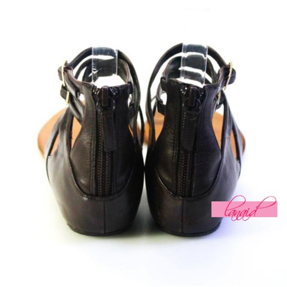 Delman Toe-Ring Strappy Genuine Leather Rich Brown Flat Criss-Cross Sandals 7 - Picture 3 of 8